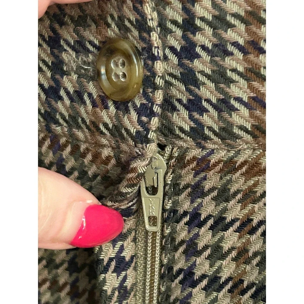Talbots Vintage 100% Wool Houndstooth Pencil Skirt Brown Blue Plaid 10 Winter